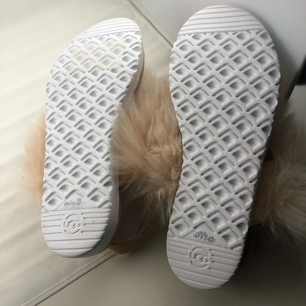 UGG Girls Beige Fluff Sandals with Embellished Stars